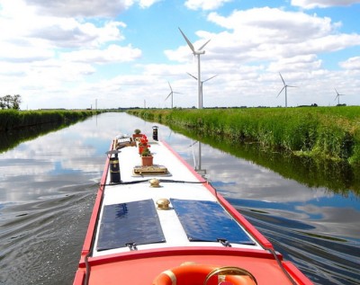 2 black flexible solar panels on a narrowboat